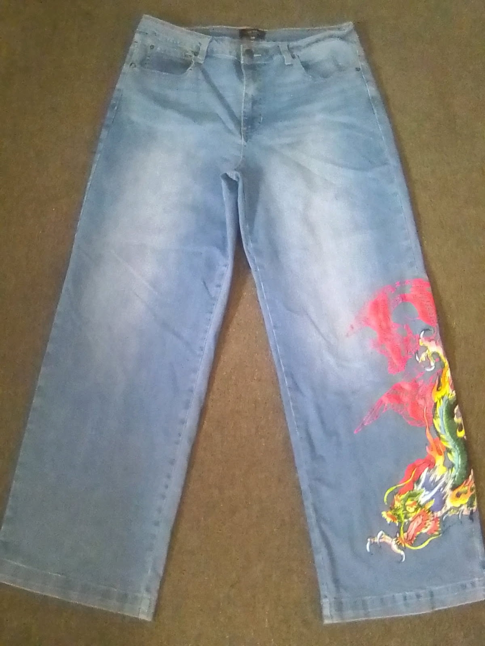 Ed Hardy Baggy Blue Denim Jeans with Dragon Logo Tab Size 34